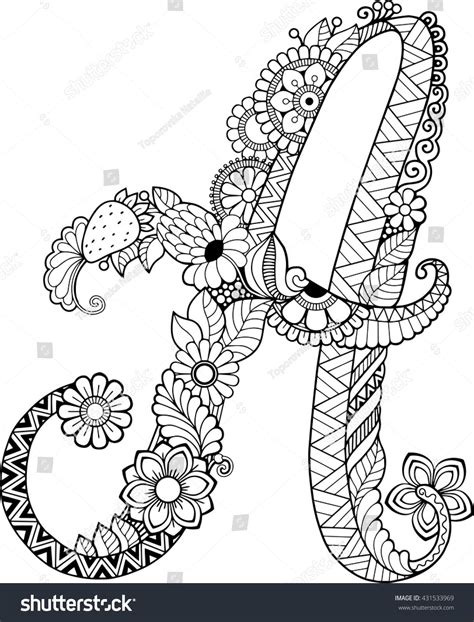 Coloring book for adults. Floral doodle letter. Hand drawn flowers