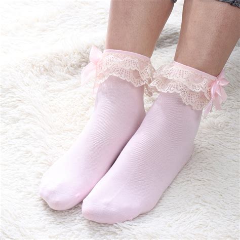 Solid Cotton Lace Ruffles Womens Socks Lovely Frilly Edge Princess Girls Sochffs