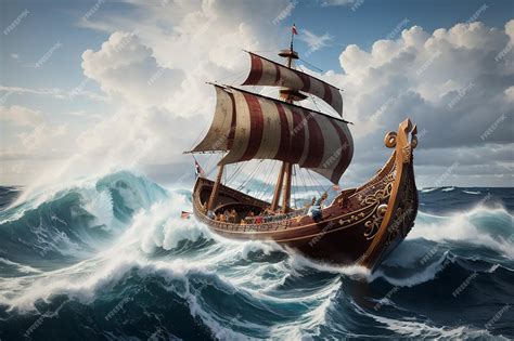 Premium Ai Image Viking Ship Sailing The Open Seas With Waves