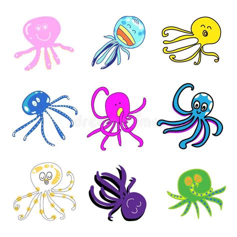 Set Of Funny Octopus Cartoon Hand Drawn Stock Illustration