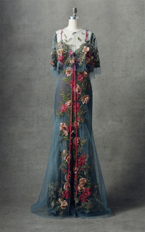 Marchesa Floral Embroidered Tulle Gown In Blue Modesens