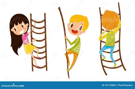 Children Climbing Up With Ropes And Rope Ladders Vector Illustration