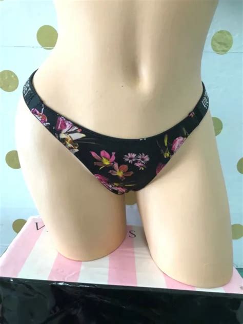 VICTORIA S SECRET VERY Sexy Rhinestone Shine Thong Panty Black Floral S