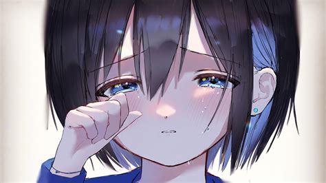 Black Hair Blue Eyes Earrings Short Hair Tears Hd Girl Anime Wallpapers
