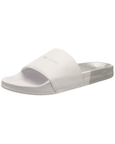 Tommy Hilfiger Th Metallic Pool Slide Sandal In White Lyst Uk