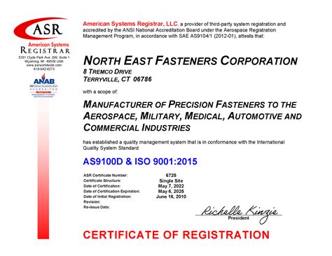 As9100 Certificate North East Fasteners