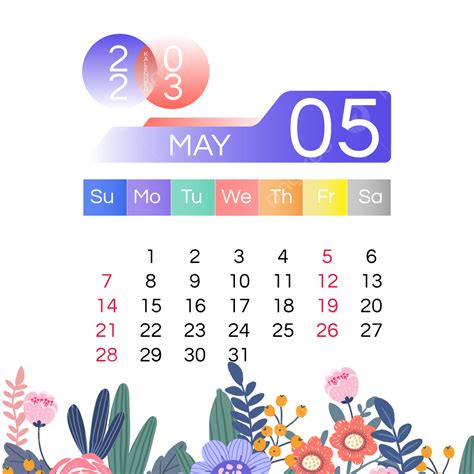 2023 May Calendar Floral Colored 2023 Calendar Flowers Png And