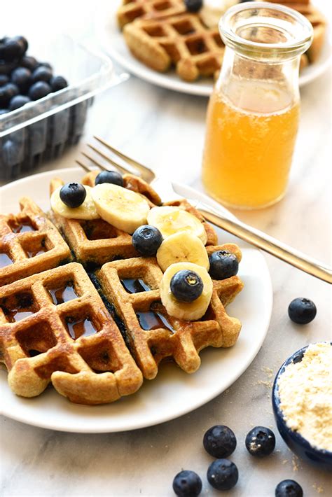 Double the batch, freeze and then toast frozen for easy breakfast. Healthy Blueberry Waffles - Fit Foodie Finds