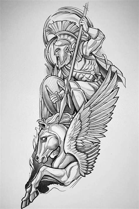 Pegasus And Ancient Warrior By Artteehall Redbubble Greek Tattoos