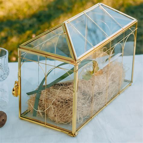 Vintage Gold Large Geometric Glass Card Box Terrarium With Slot Heart