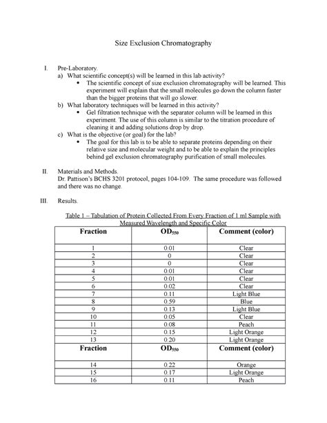 Size Exclusion Chromatography Pre Laboratory A What Scientific