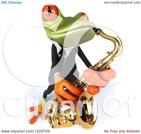 Clipart Of A 3d Green Springer Frog Playing A Saxophone In A Suit 4