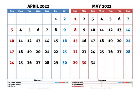 Free April May 2022 Calendar Printable Pdf