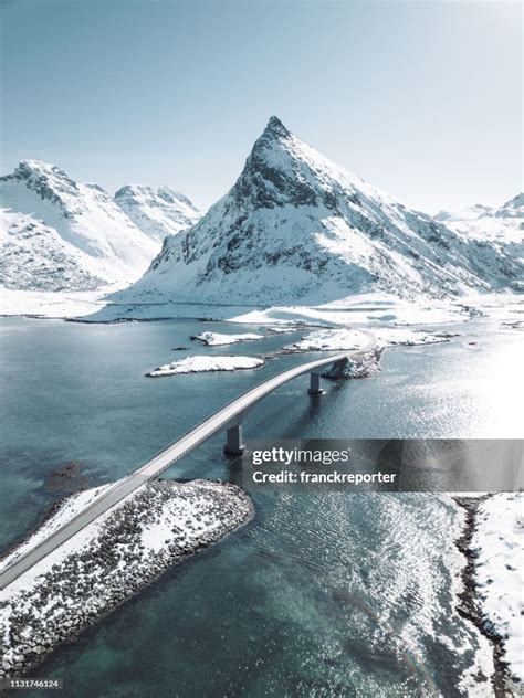 Winter View Of The Bridge At The Lofoten Islands High Res Stock Photo