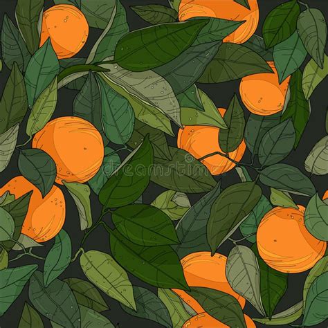 Orange And Leaves Seamless Pattern With Outlines Stock Vector
