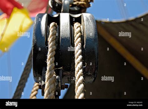 Ropes Pulleys Are Extensively Used On A Large Sailing Boat Stock Photo
