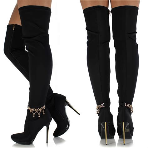 Womens Ladies Sexy Over The Knee Thigh High Stiletto Heel Stretch Lycra Boots Ebay