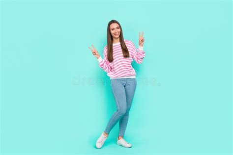 Full Length Body Size View Of Attractive Cheerful Funky Girl Showing V