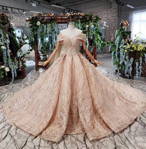 2019 New Rose Gold Luxury Ball Gown Wedding Dresses Off The Shoulder V