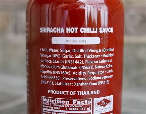 Sriracha Ingredient Label