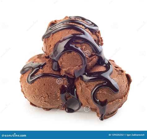 Three Scoops Of Ice Cream Poured With Chocolate Syrup Stock Photo