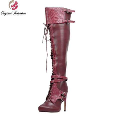 Original Intention Stylish Women Knee High Boots Nice Pointed Toe Thin Heels Boots Cool Wine Red