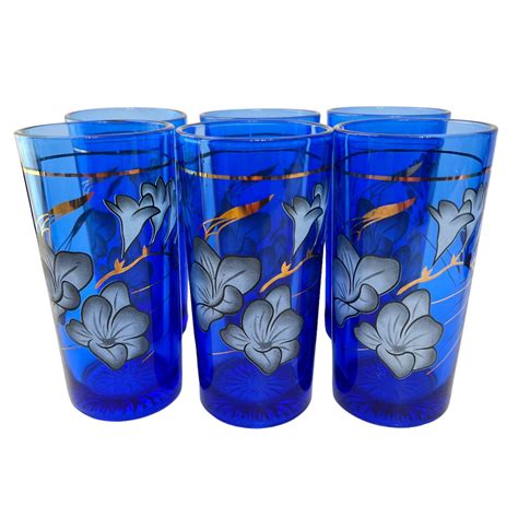Vintage Set Of 6 Juice Glasses Cobalt Blue Glass With Hand Painted White Orchid Flowers Floral