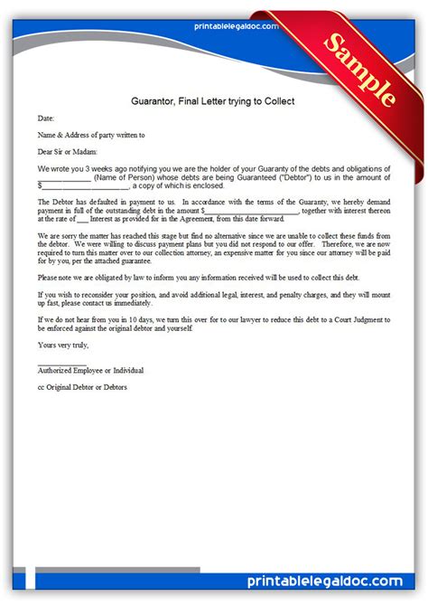 Guarantor letter for job save personal guarantee form inspirational. Free Printable Guarantor, Final Letter Trying To Collect ...