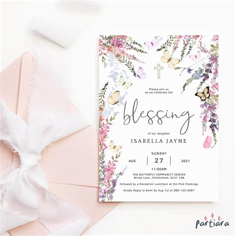 Girls Blessing Invitation Printable Butterfly Wildflowers Etsy