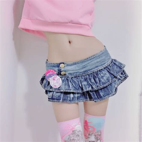 Japanese Girl Pleated Super Mini Denim Skirts Low Waist A Line Bud Skirt Solid Night Club Party