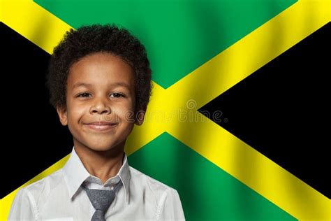 Jamaican Kid Boy On Flag Of Jamaica Background Education And Childhood