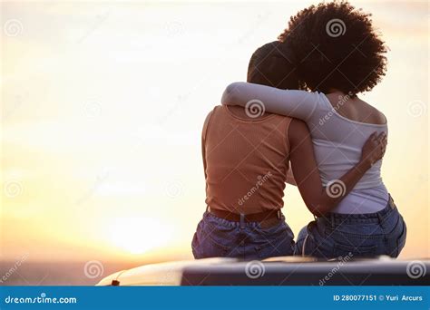love hug and sunset with lesbian couple at beach for relax romance