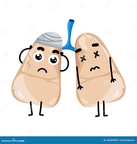 Sick Lungs With Pain Ache Or Disease Sad Cartoon Character Lungs Body