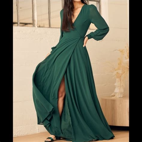 Lulus Dresses My Whole Heart Emerald Green Long Sleeve Wrap Dress