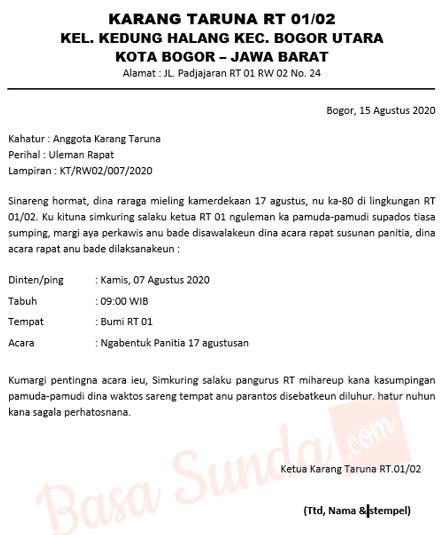 Beda antara surat resmi dengan surat tidak resmi adalah terletak pada tata penulisan dan bahasa yang di gunakan. Berikut 3 Contoh Surat Resmi Bahasa Sunda Karang Taruna ...
