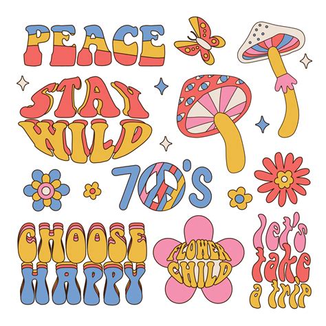 Set Of Hippie Phrases Hand Drawn Hippy Text And Groovy 70s Elements