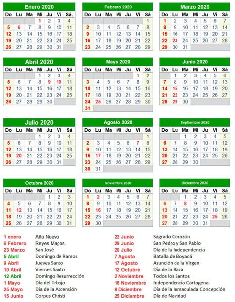 Calendario 2020 Colombia Con Festivos Y Fechas Especiales Para Imprimir