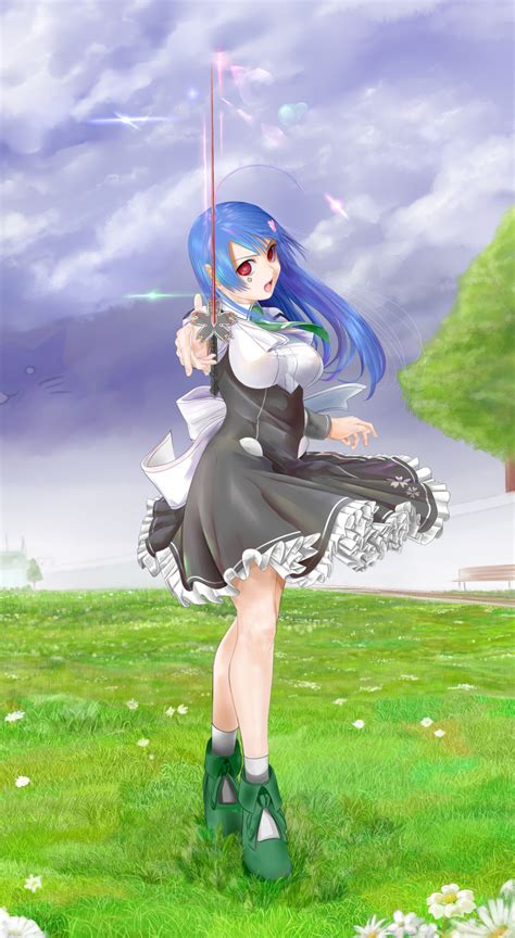 Safebooru 1girl Absurdres Blue Hair Breasts Clouds Cloudy Sky Dress Field Fighting Stance