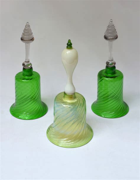Three Green And Opaline Spiral Drawn Glass Hand Bells Denton Antiques