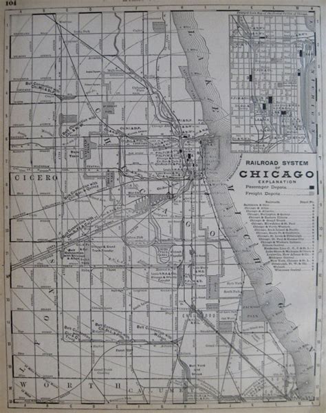 Antique Chicago Map W Railroads 1890 Beautiful By Plaindealing