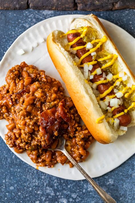 Stir in the baked beans and sliced frankfurters. hot dog and beans on a plate | Baked beans, Bbq baked ...