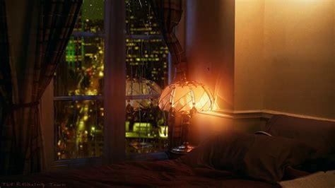 Cozy Ambience Bedroom Rain On Windows Of The Rainy Night View Of