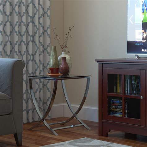 Get a classic wooden console table with a dark finish and bronze accents to compliment your room, or look for a more modern style with black metal and glass. Vivien Glass Small Accent End Side Table Living Room Coffee Sofa Table Nightstand Chrome Finish
