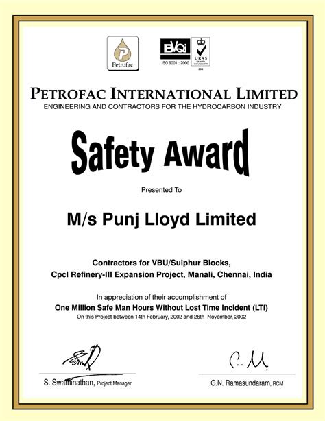 Safety Recognition Certificate Template Professional Template