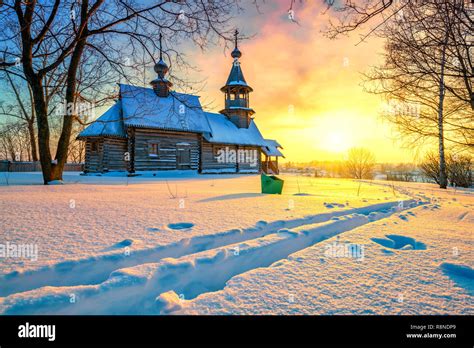 Russian Church In Winter Forest Stock Photo Alamy