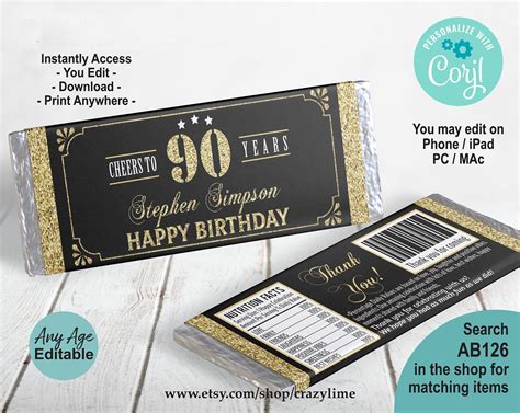 Printable 90th Birthday Candy Bar Wrappers Etsy