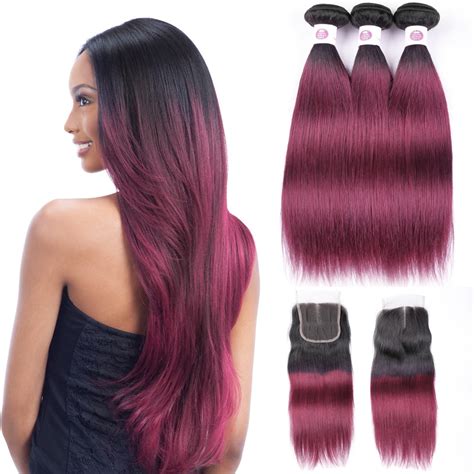 Peruvian Straight Burgundy Hair Weave Bundles With Lace Closure Ombre