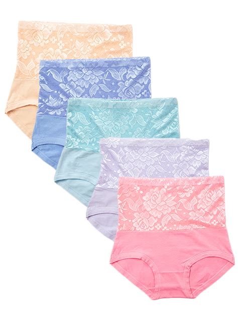Womens High Waist Cotton Underwear Solid Color Lace Brief Panties 5 Pack Full Cover Recovery