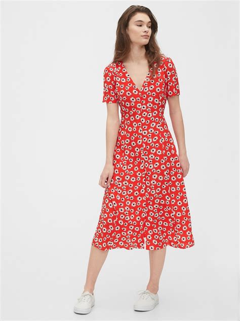 Gap Button Front Midi Dress Red Floral Print Midi Dress Casual Red
