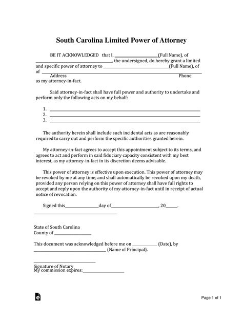 This form is used by a representative taxpayer to whom authority has been delegated by an individual/taxpayer to represent him/her with regard to tax affairs at sars. Free South Carolina Limited Power of Attorney Form - Word ...